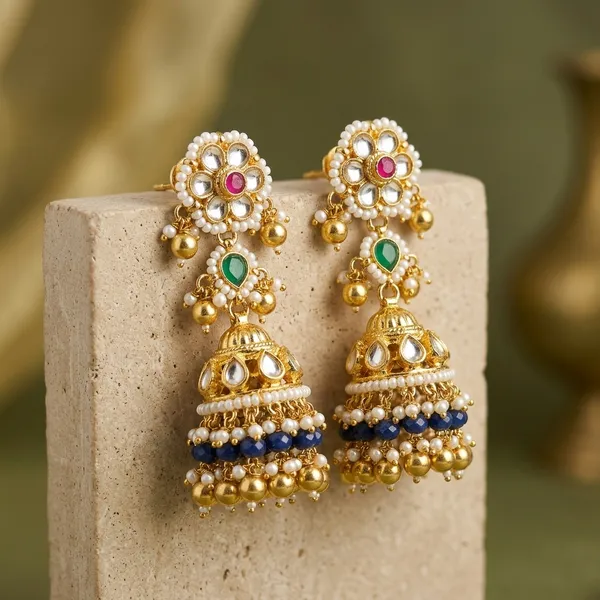 Gold_Pink_Green_Kundan_Stone_Jhumka_Earrings_For_Women