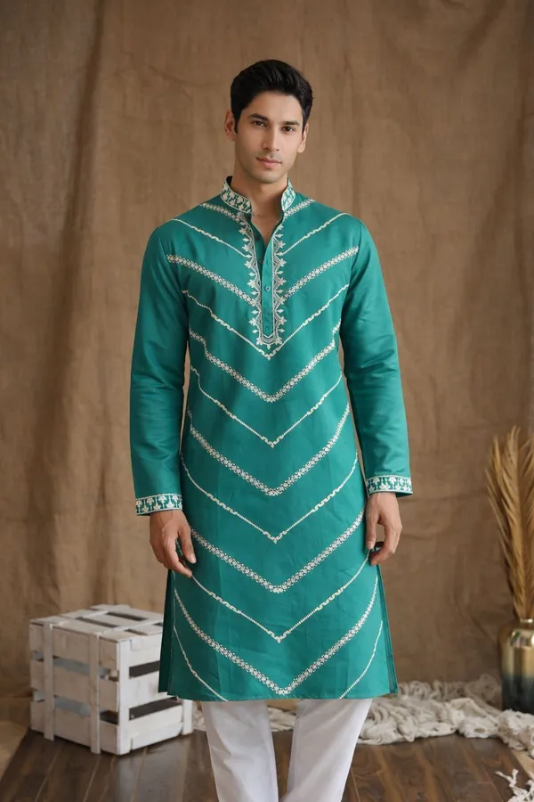 Nexoira_Men_Embroidered,_Leheriya_Straight_Kurta_(Green)
