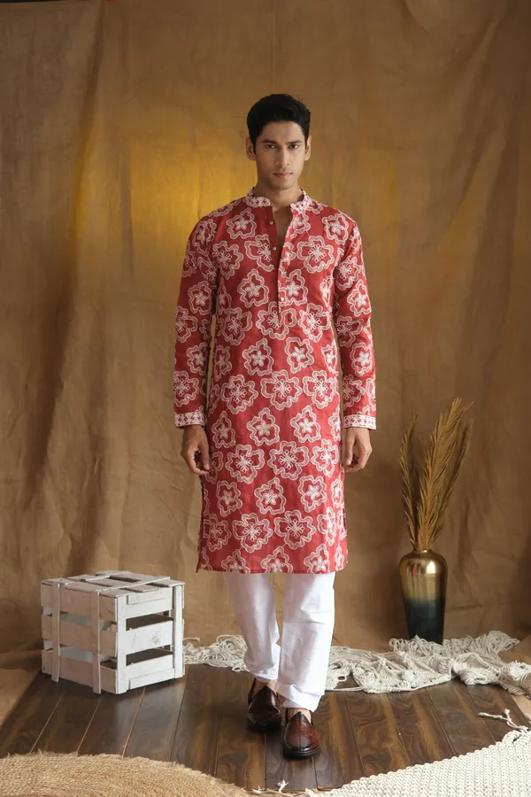 Nexoira_Men_Embroidered_Straight_Kurta_(Red)