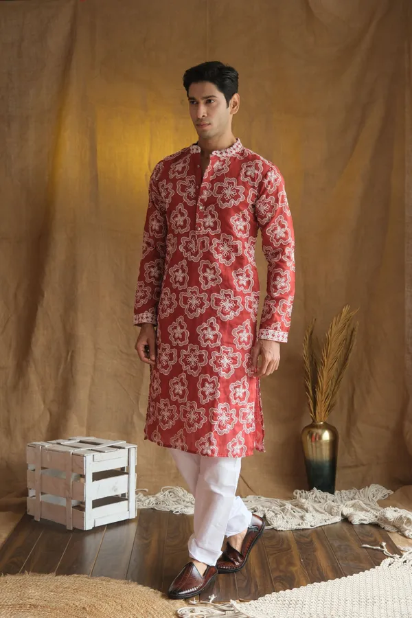 Nexoira_Men_Embroidered_Straight_Kurta_(Red)