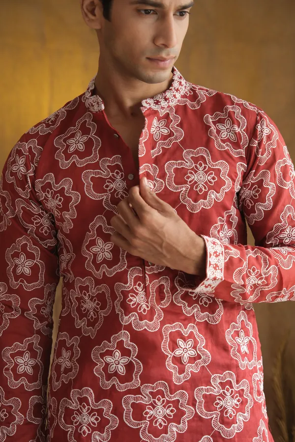 Nexoira_Men_Embroidered_Straight_Kurta_(Red)