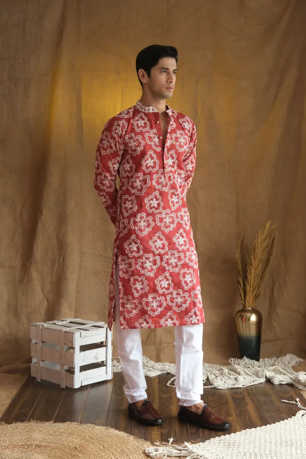 Nexoira_Men_Embroidered_Straight_Kurta_(Red)