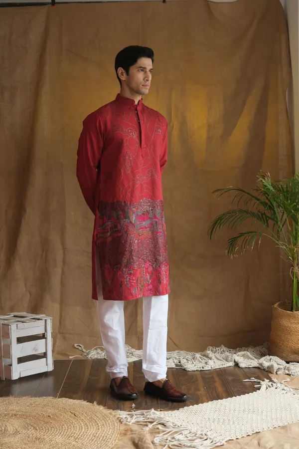 Nexoira_Men_Embroidered_Straight_Kurta_(Maroon)