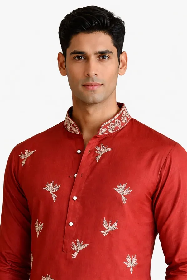 Nexoira_Men_Embroidered_Straight_Kurta_(Red)