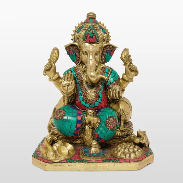Brass_Turquoise_Coral_Stone_Inlay_Ganesha_Idol