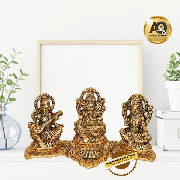 Metal_Antique_Gold_Laxmi_Ganesh_Saraswati_Idol_Set_With_Diya