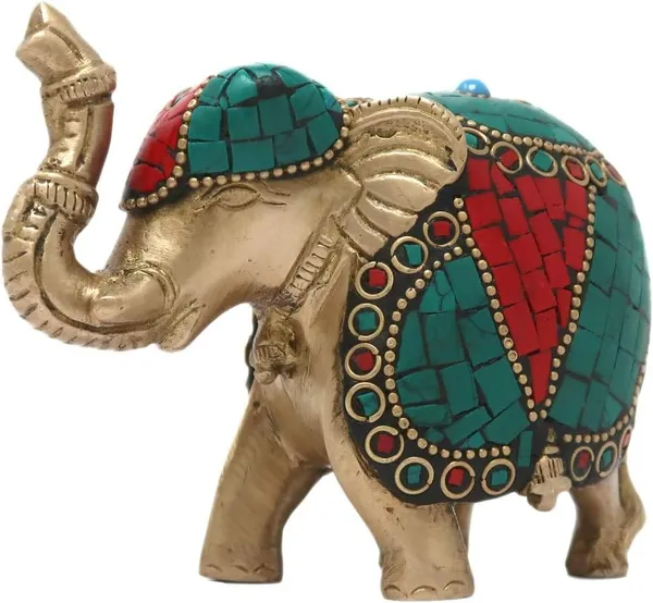 Brass_Turquoise_Red_Mosaic_Stone_Inlay_Elephant_Figurine