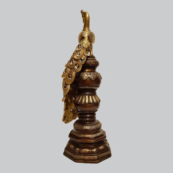 Brass_Antique_Dual-Tone_Peacock_Figurine_On_Tiered_Pedestal