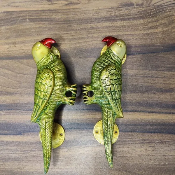 Brass_Green_Parrot_Decorative_Door_Handle_Set_Pair