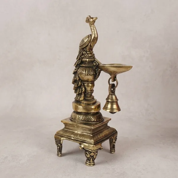 Brass_Antique_Peacock_Diya_Stand_With_Bell_Set_Of_2