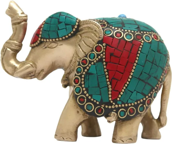 Brass_Turquoise_Red_Mosaic_Stone_Inlay_Elephant_Figurine