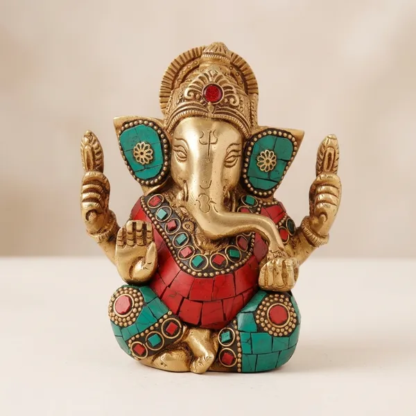 Brass_Traditional_Turquoise_Red_Stone_Inlay_Ganesha_Idol