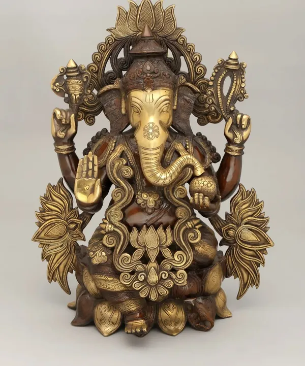 Brass_Brown_Golden_Four_Armed_Lotus_Crown_Ganesha_Idol