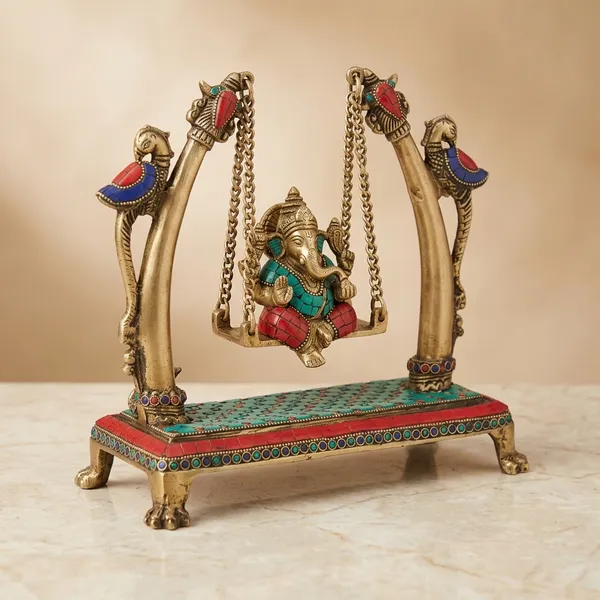 Brass_Turquoise_Red_Stone_Ganesha_Jhula_Decorative_Idol