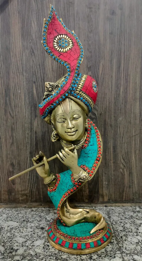 Brass_Traditional_Turquoise_Coral_Stone_Inlay_Krishna_Idol