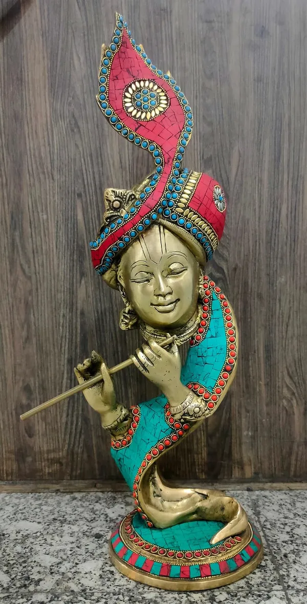 Brass_Traditional_Turquoise_Coral_Stone_Inlay_Krishna_Idol