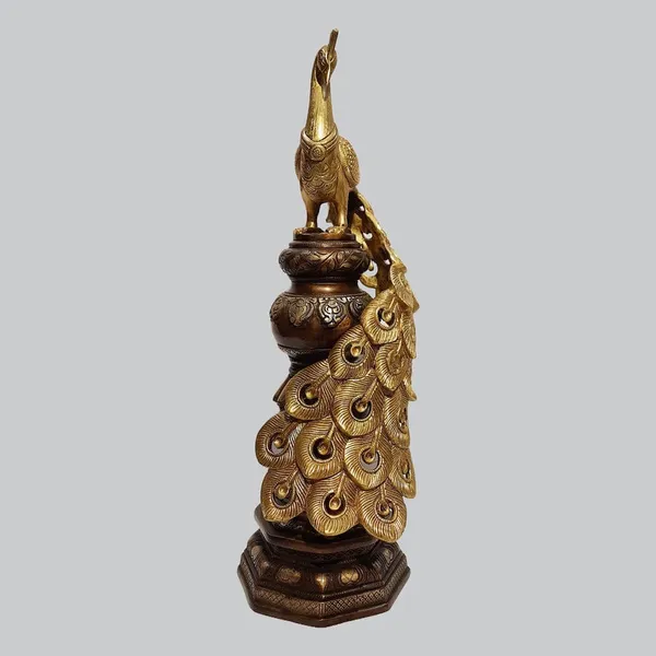 Brass_Antique_Dual-Tone_Peacock_Figurine_On_Tiered_Pedestal