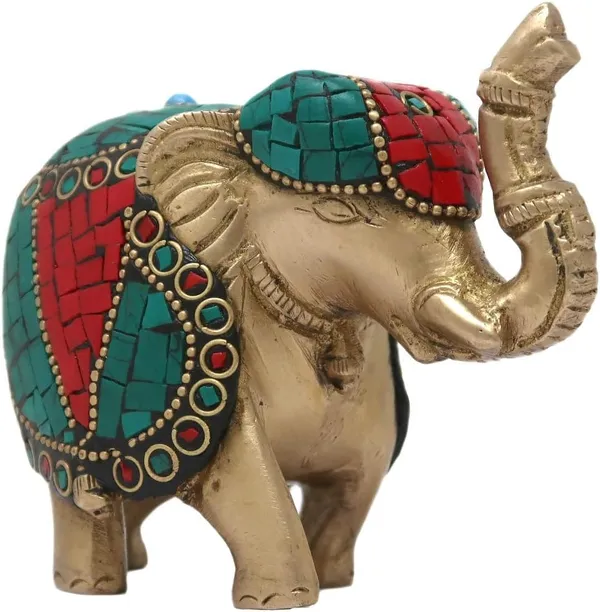 Brass_Turquoise_Red_Mosaic_Stone_Inlay_Elephant_Figurine