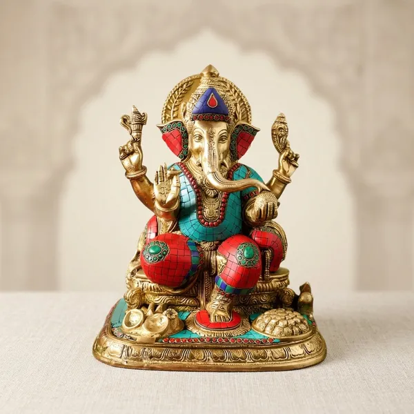 Brass_Traditional_Turquoise_Coral_Inlay_Seated_Ganesha_Idol