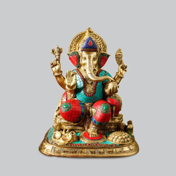Brass_Traditional_Turquoise_Coral_Inlay_Seated_Ganesha_Idol