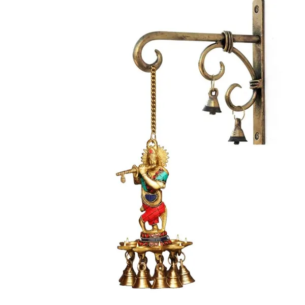 Brass_Enamel_Wall_Mount_Krishna_Figurine_With_Bells_And_Chain
