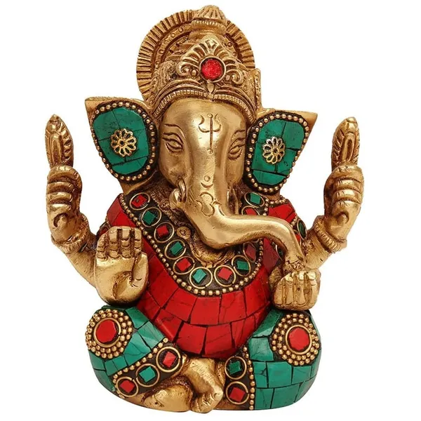 Brass_Traditional_Turquoise_Red_Stone_Inlay_Ganesha_Idol