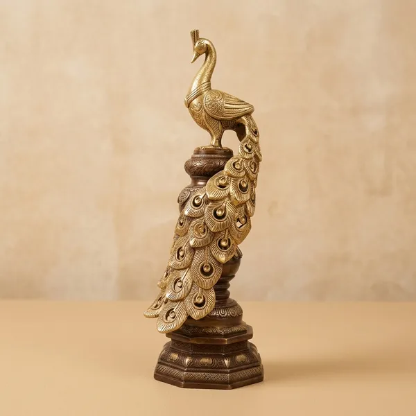 Brass_Antique_Dual-Tone_Peacock_Figurine_On_Tiered_Pedestal