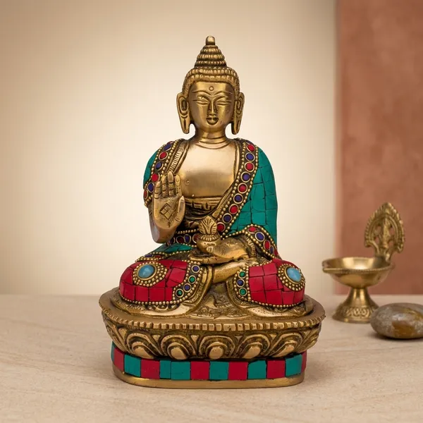 Brass_Traditional_Turquoise_Coral_Stone_Inlay_Buddha_Idol