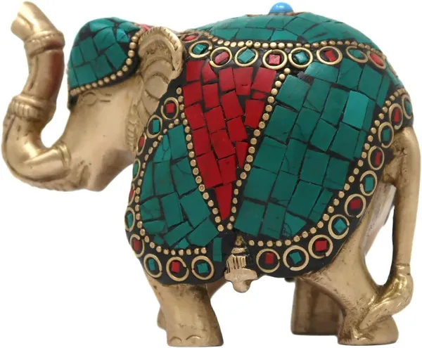 Brass_Turquoise_Red_Mosaic_Stone_Inlay_Elephant_Figurine