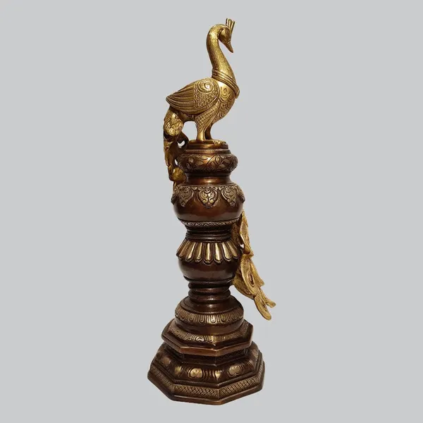Brass_Antique_Dual-Tone_Peacock_Figurine_On_Tiered_Pedestal