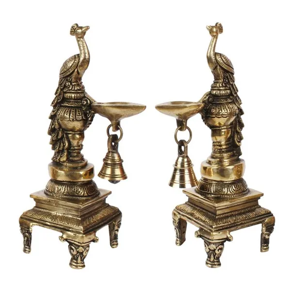 Brass_Antique_Peacock_Diya_Stand_With_Bell_Set_Of_2