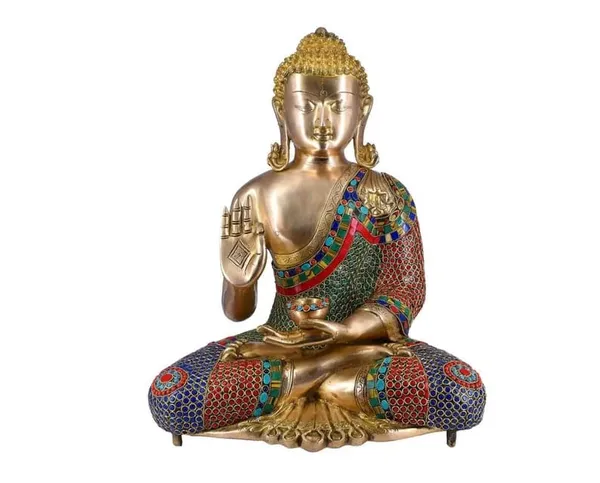 Brass_Multicolor_Stone_Inlay_Seated_Buddha_Idol