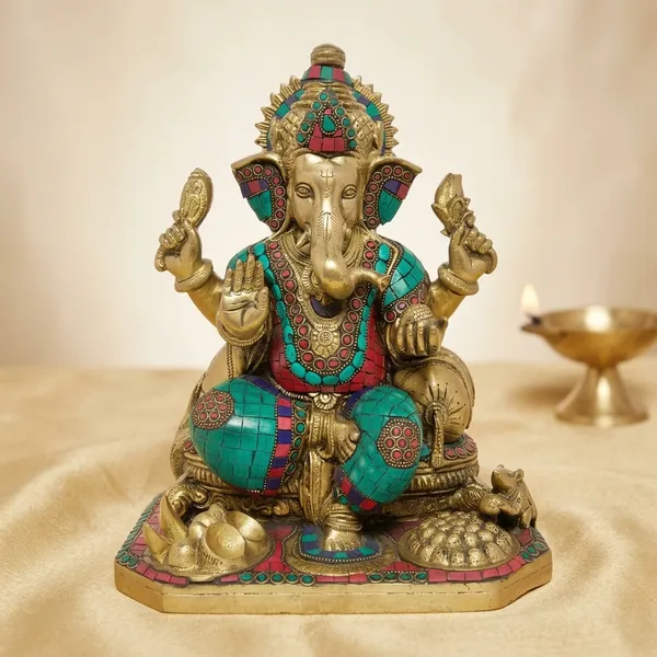 Brass_Turquoise_Coral_Stone_Inlay_Ganesha_Idol