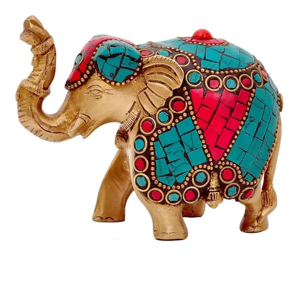 Brass_Turquoise_Red_Stone_Inlay_Decorative_Elephant_Figurine