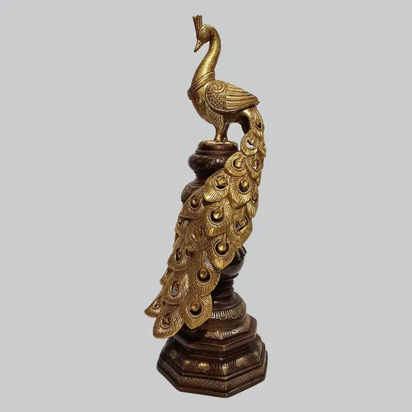 Brass_Antique_Dual-Tone_Peacock_Figurine_On_Tiered_Pedestal