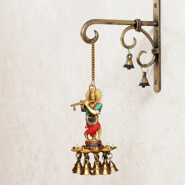 Brass_Enamel_Wall_Mount_Krishna_Figurine_With_Bells_And_Chain
