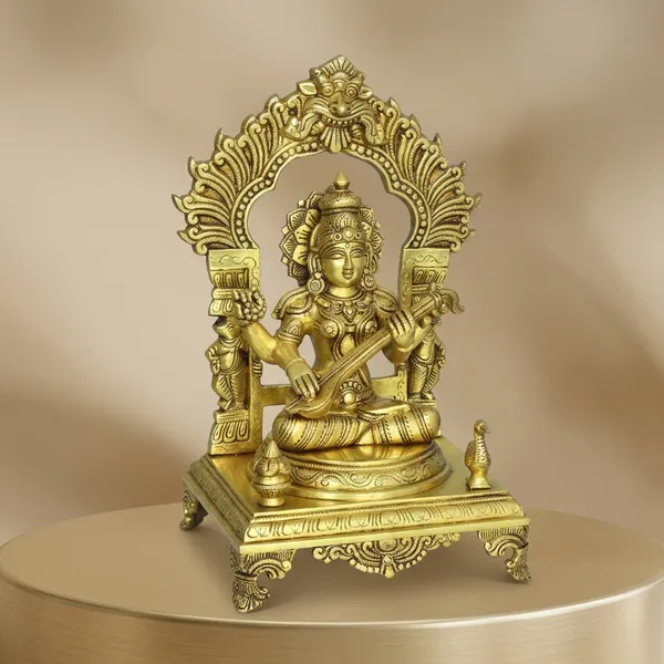 Brass_Antique_Finish_Goddess_Saraswati_Idol_With_Arch_Frame