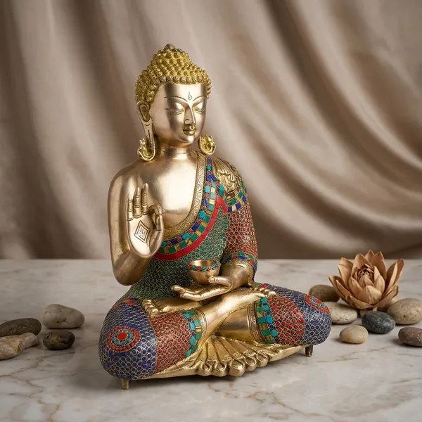 Brass_Multicolor_Stone_Inlay_Seated_Buddha_Idol
