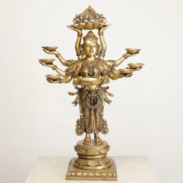 Brass_Antique_Gold_Multi_Arm_Deepalakshmi_Goddess_Idol_With_Diya