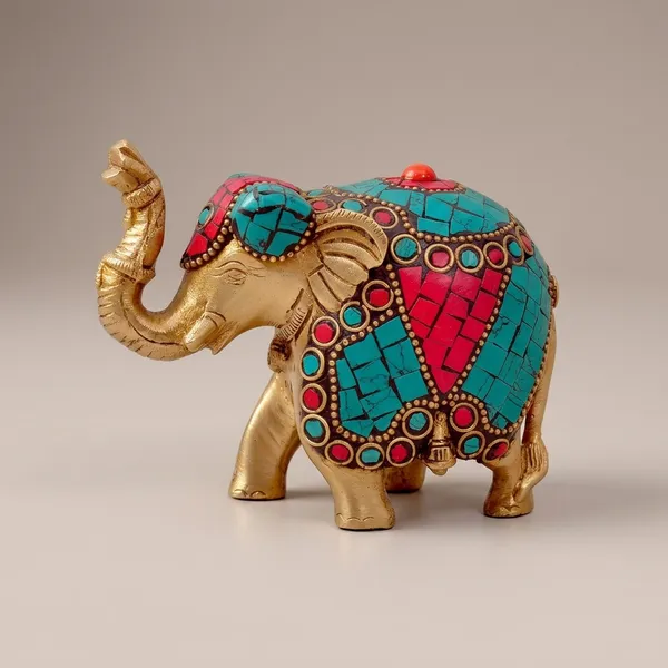 Brass_Turquoise_Red_Stone_Inlay_Decorative_Elephant_Figurine