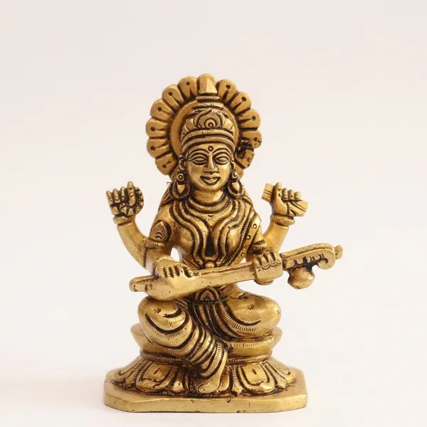 Brass_Goddess_Saraswati_With_Veena_Idol_Antique_Gold_4_Inch