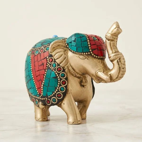 Brass_Turquoise_Red_Mosaic_Stone_Inlay_Elephant_Figurine