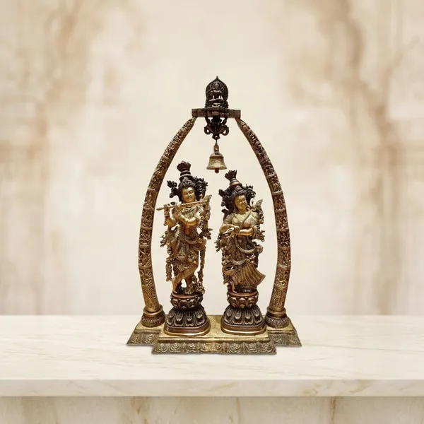 Brass_Antique_Radha_Krishna_Idol_With_Arch_And_Bell