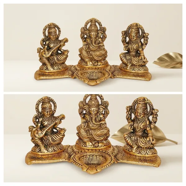 Metal_Antique_Gold_Laxmi_Ganesh_Saraswati_Idol_Set_With_Diya