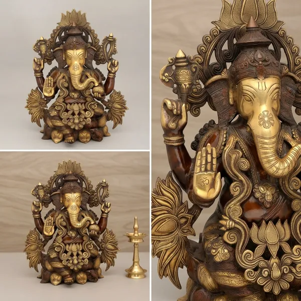Brass_Brown_Golden_Four_Armed_Lotus_Crown_Ganesha_Idol