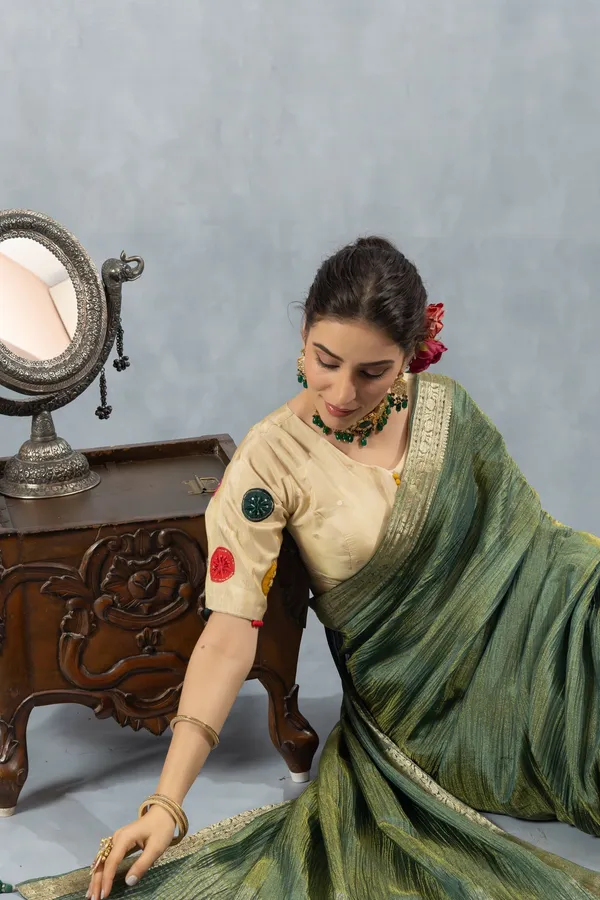 Green_Crushed_Tissue_Silk_Saree_Olive_Green