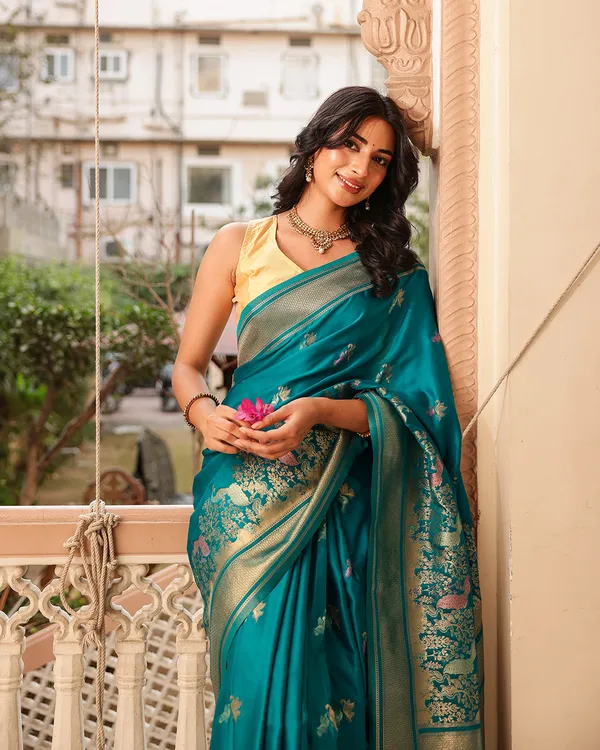 Teal_Blue_Peacock_Border_Silk_Saree