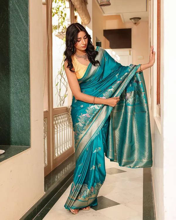 Teal_Blue_Peacock_Border_Silk_Saree