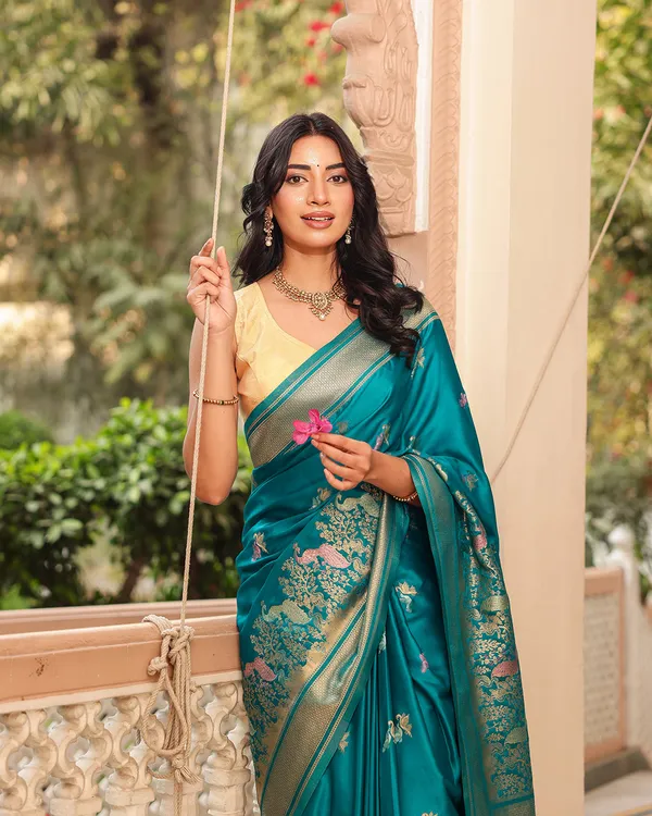 Teal_Blue_Peacock_Border_Silk_Saree