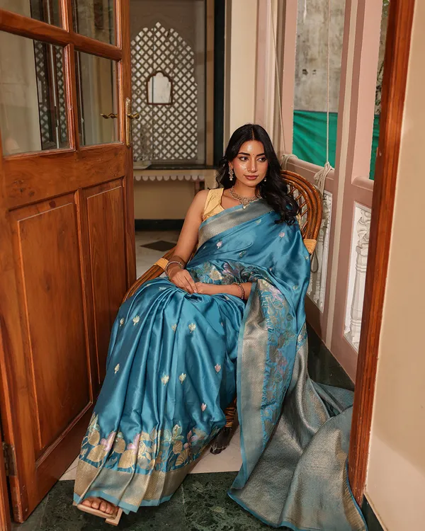 Steel_Blue_Birds_Floral_Silk_Saree